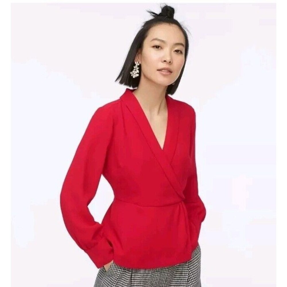 J.Crew Drapey Faux-Wrap Top In 365 Crepe Long Sleeve AE875 Size 2 Festive Red